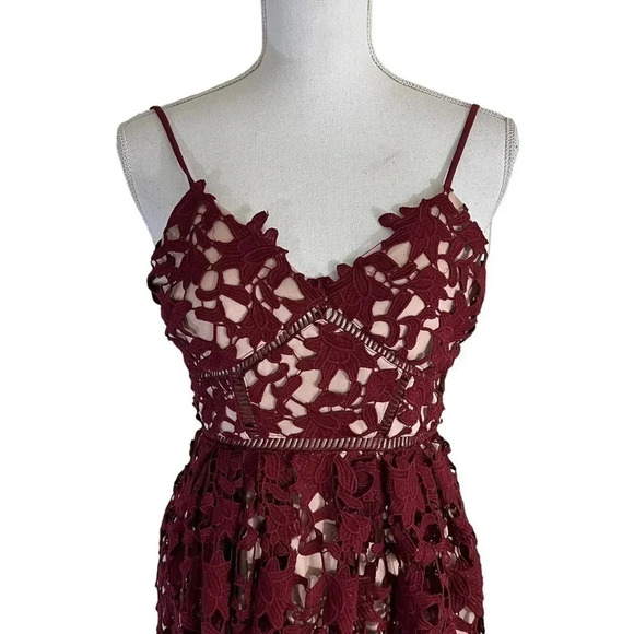 Aqua Red Maroon Lace Dress XS Midi Length Spaghetti Strap V Neck Cocktail Formal - Picture 6 of 12